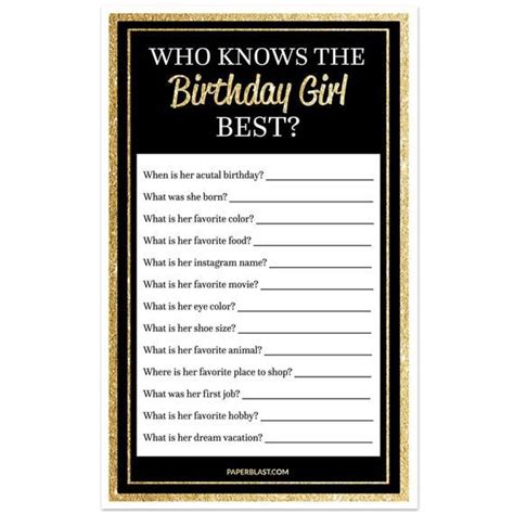 black and gold birthday party game who knows the birthday girl best set of 30 by pblast