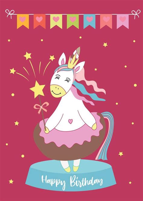Postcard With A Princess Unicorn Happy Birthday Vector Illustration