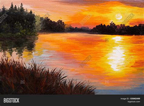 Oil Painting Lake In A Forest Sunset Abstract Painting Art Work Was