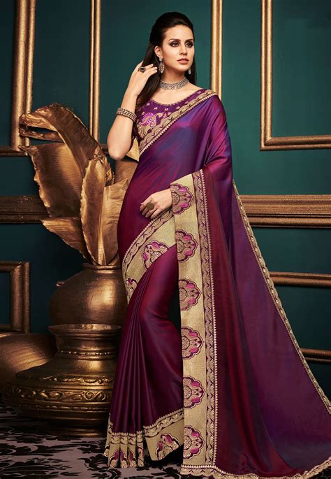 Buy Purple Satin Embroidered Party Wear Saree 169120 With Blouse Online