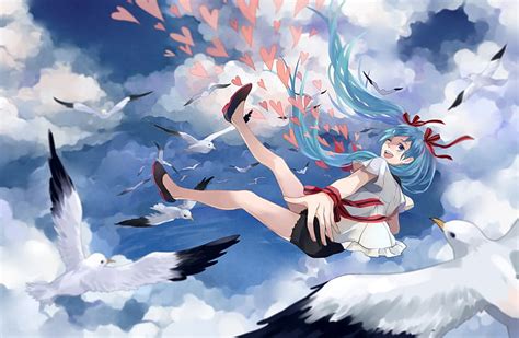 Hatsune Miku Pretty Cg Thigh Highs Ribbons Clouds Nice Anime