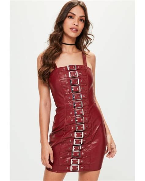 Missguided Red Faux Leather Buckle Detail Bodycon Dress In Red Save