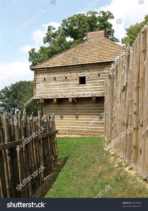 Wooden Fort 1800s Between Walls And Blockhouse In Background Stock
