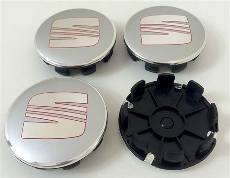 Set Of Four Seat Alloy Wheels Centre Hub Caps With 63 Mm Red Chrome Silver Logo Covers Fits
