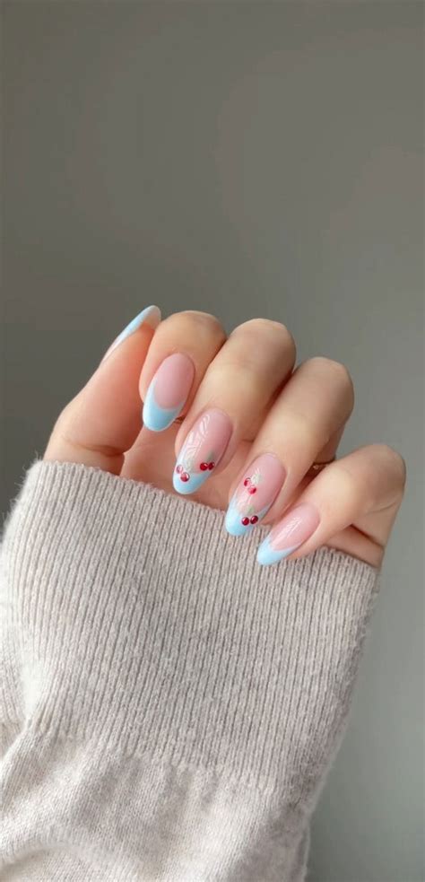 31 Cute Sky Blue French Tip Nails Blue Frenchies With Cherries 1
