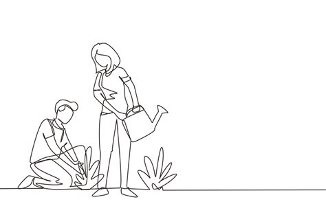 Continuous One Line Drawing Man Woman Gardening Plants People Growing