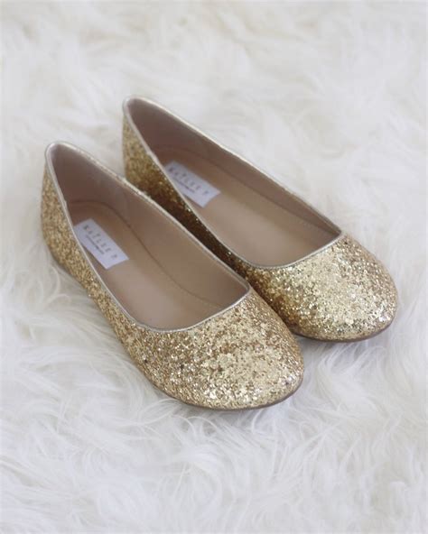 Gold Rock Glitter Flats With Satin Bow At Back Women Gold Etsy