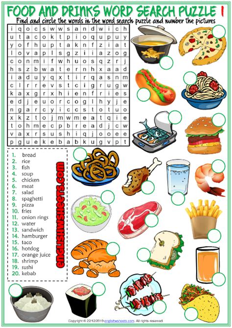 Food And Drinks Esl Word Search Puzzle Worksheets