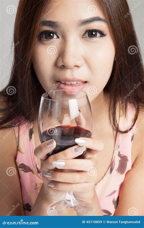 Beautiful Asian Woman Hold Glass Of Red Wine Stock Image Image Of