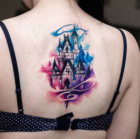 Disney Castle Sketch And Watercolor On Girls Back Best Tattoo Design Ideas