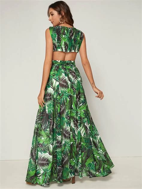 Tropical Print Plunging Neck Cutout Detail Dress Shein Usa Dresses