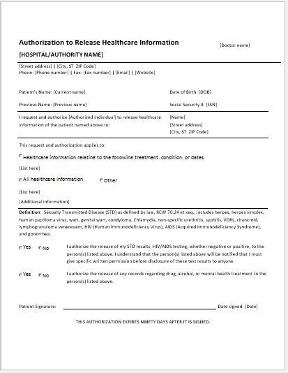 Medical Release And Authorization Forms For Ms Word Word And Excel Templates