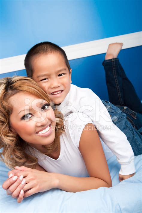 Asian Mother And Son Bedroom Portrait Stock Photo Royalty Free