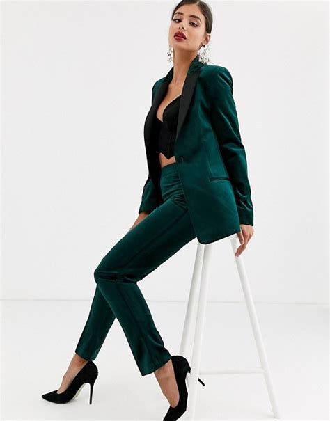 Asos Design Tall Velvet Tux Suit In Forest Green Asos Pantsuits For