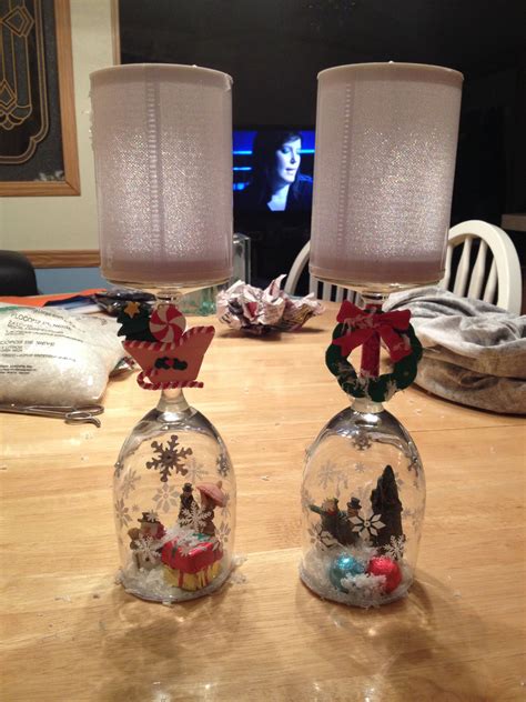 I Made These To Got Some Wine Glasses And Decorated Them And Even Put Snow Turn It Upside Down