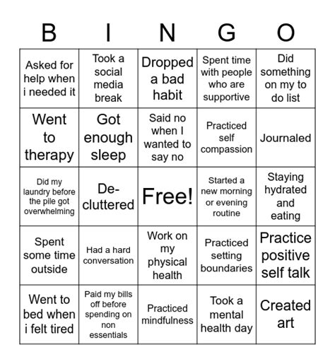 self care bingo card
