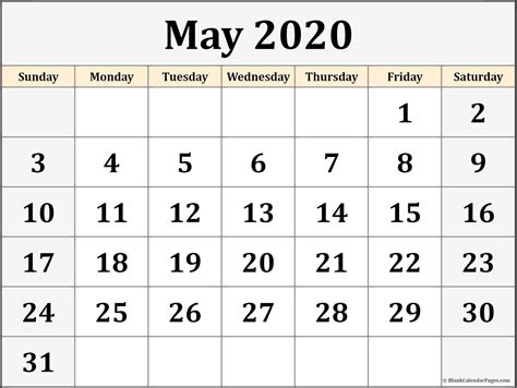 May 2020 Calendar Printable Landscape Monday Thru Friday Example