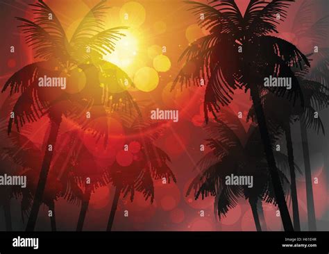 Tropical Palm Tree Silhouettes Over Hot Sunset Vector Illustration