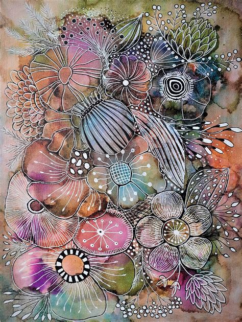 Alcohol Ink On Canvas With Doodles By Lynda M Watercolor Flower Art