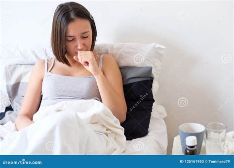 Ill Woman Coughing And Lying In The Bed Stock Photo Image Of Home