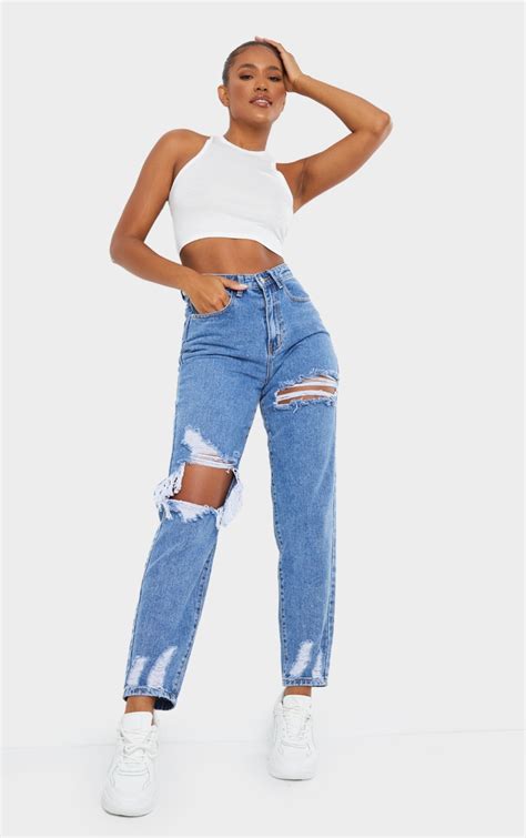 Plt Mid Blue Wash Open Knee Ripped Mom Prettylittlething Ca