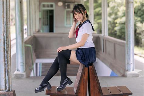 Wallpaper Schoolgirl Knee Highs Young Woman Legs Asian Sitting