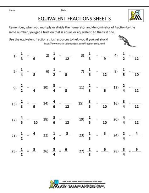 Assess fifth grade fraction concepts, including equivalent fractions, adding with unlike denominators, improper fractions, and mixed numbers. Equivalent Fractions Worksheet | Fractions worksheets ...