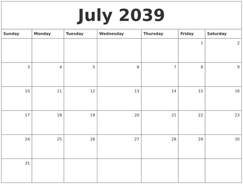 July 2039 Monthly Calendar