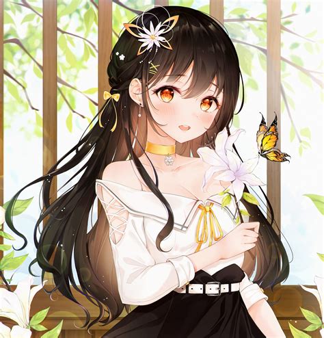 Wallpaper Anime Girls Flowers Butterfly Black Hair Yellow Eyes