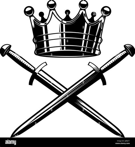 Illustration Of King Crown And Crossed Swords In Monochrome Style