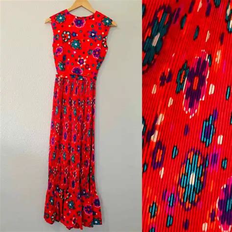 Vintage 60s 70s Alice Of California Maxi Dress Crimp Pleat Red Groovy