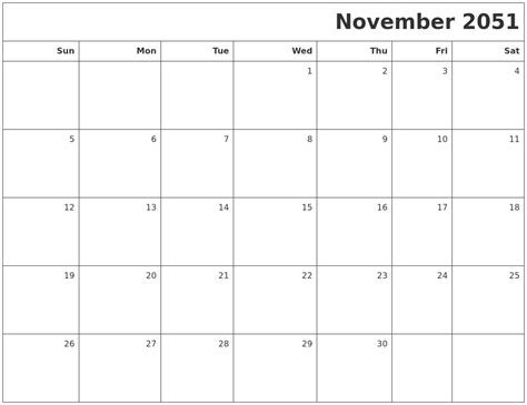 November 2051 Printable Blank Calendar