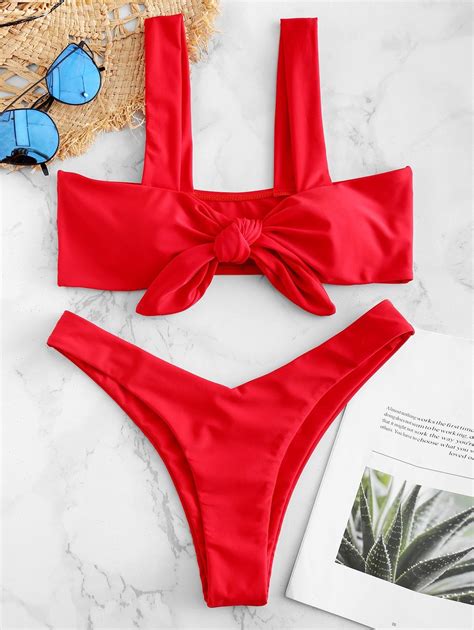 ZAFUL High Leg Knotted Padded Bikini Set LAVA RED Sponsored Leg