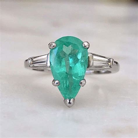 184 Carat Pear Emerald Diamond Platinum Engagement Ring Three Stone