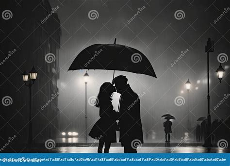 Couple In Silhouette Kissing Under Umbrella At Night Street Ai