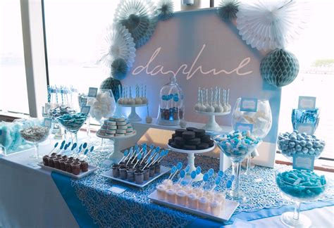 Cake, cake pops, peanut butter balls, french macaroons, yogurt covered almonds, yogurt covered pretzels. Baby shower candy table, Blue candy table, Blue candy buffet