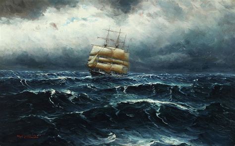 Seascape With Sailing Boat In Rough Sea Painting By Alfred Jensen Pixels