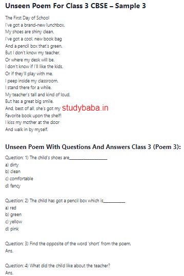 Unseen Poem For Class 3 In English Questions And Answers Pdf Studybaba