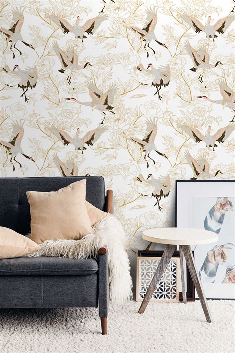 Wallpaper Cranes Chinoiserie Peel And Stick Removable Wall Etsy