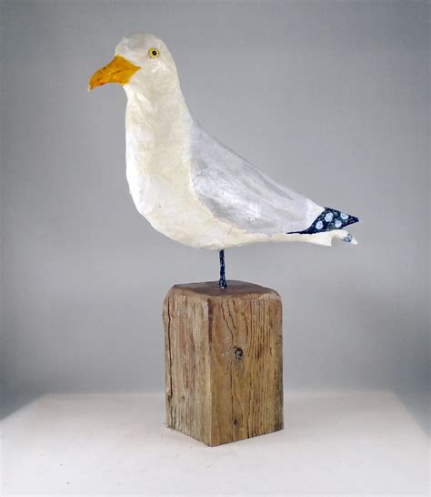 Recycled Paper Sculpture Seagull On Driftwood Base