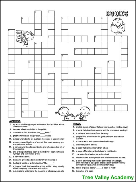 Book Themed Crossword Puzzle For Kids Tree Valley Academy