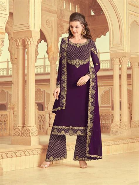 Purple Color Embroidered Georgette Punjabi Salwar Suit Dupatta Fashion Outfits Purple