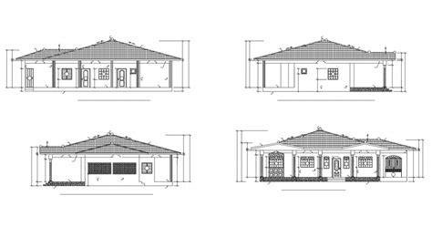One Story House All Sided Elevation Cad Drawing Details Dwg File The