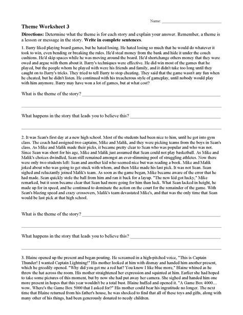 Theme Worksheet 3 Reading Activity