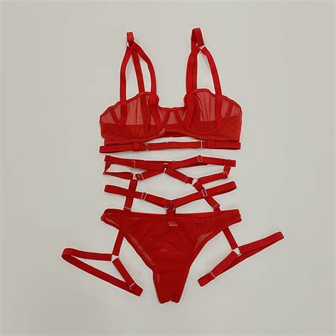 3 piece red sheer lingerie set with garters bridal lingerie etsy