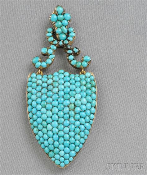 Antique Turquoise Pendant The Shield Form Of Pave Set Turquoise