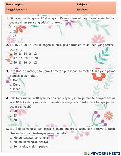 Soal Matematika Kelas 1 Semester 2 Worksheet Live Worksheets