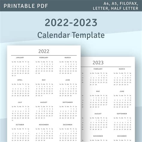 Printable Calendar 2022 2023 Year At A Glance Calendar Etsy