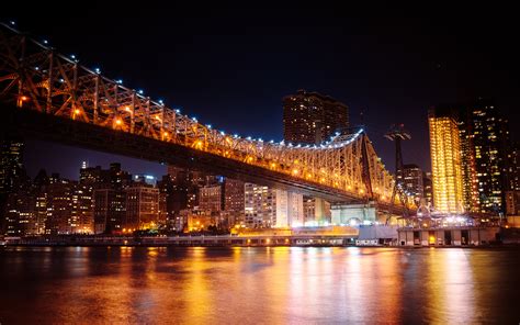 New York Buildings Skyscrapers Queensboro Bridge Bridge Lights Night