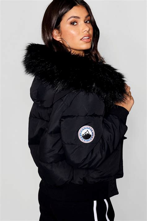 black faux fur hood crop puffer boohoo puffer jacket with fur black puffer faux fur jacket